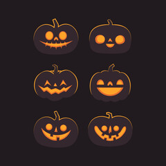 Set of carved halloween pumpkins. Jack o Lantern glowing inside with smile for your design for the holiday. Cute and fun vector illustration.
