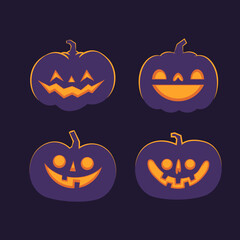 Set of carved halloween pumpkins. Jack o Lantern glowing inside with smile for your design for the holiday. Cute and fun vector illustration.