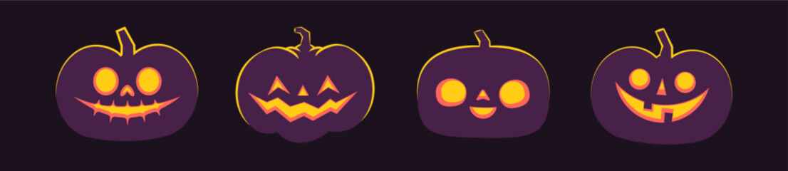 Set of carved halloween pumpkins. Jack o Lantern glowing inside with smile for your design for the holiday. Cute and fun vector illustration.