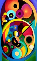 Fototapeta premium Circle in circles digiatl abstract wall art print, painting in abstractionism modern cubism and expressionism mixed style. Vibrant artwork background pattern for creaive design creation.
