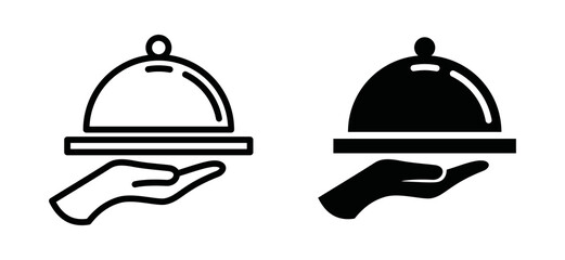 Serving food icon vector. Waiter serve food with tray symbol illustration. Waiter hand holding a tray food or serving plate sign silhouette.