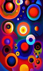 Circle in circles digiatl abstract wall art print, painting in abstractionism modern cubism and expressionism mixed style. Vibrant artwork background pattern for creaive design creation.