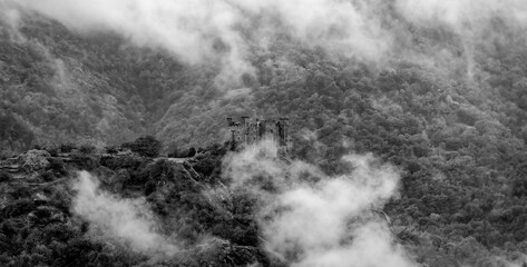 Ussel Castle shrouded in fog Aosta Valley Italy