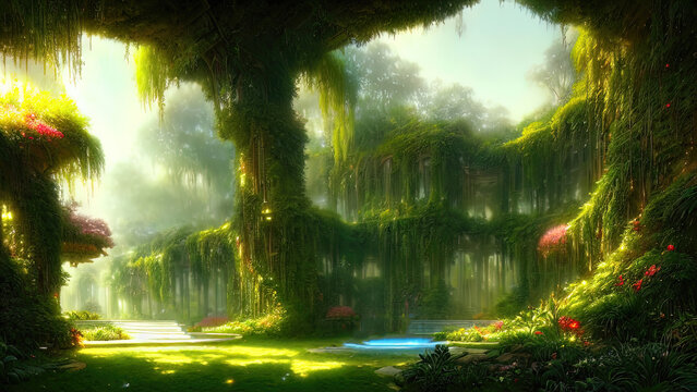 Garden of Eden, exotic fairytale fantasy forest, Green oasis. Unreal fantasy landscape with trees and flowers. Sunlight, shadows, creepers and an arch. 3D illustration.