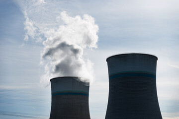 The cooling towers in a power plant