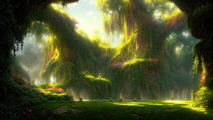 Fototapeta premium Garden of Eden, exotic fairytale fantasy forest, Green oasis. Unreal fantasy landscape with trees and flowers. Sunlight, shadows, creepers and an arch. 3D illustration.