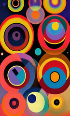 Circle in circles digiatl abstract wall art print, painting in abstractionism modern cubism and expressionism mixed style. Vibrant artwork background pattern for creaive design creation.