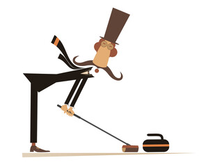Funny sportsperson in the top hat playing curling. 
Long mustache gentleman in the top hat with curling brush directs the stone to the target. Isolated on white background
