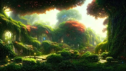 Obraz na płótnie Canvas Garden of Eden, exotic fairytale fantasy forest, Green oasis. Unreal fantasy landscape with trees and flowers. Sunlight, shadows, creepers and an arch. 3D illustration.