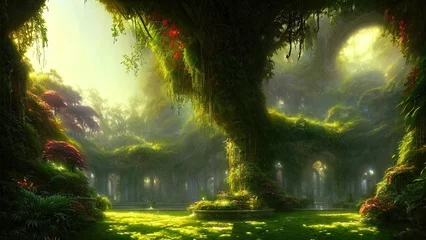 Garden of Eden, exotic fairytale fantasy forest, Green oasis. Unreal fantasy landscape with trees and flowers. Sunlight, shadows, creepers and an arch. 3D illustration.