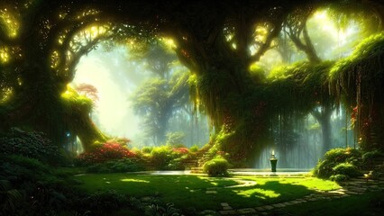 Fototapeta na wymiar Garden of Eden, exotic fairytale fantasy forest, Green oasis. Unreal fantasy landscape with trees and flowers. Sunlight, shadows, creepers and an arch. 3D illustration.