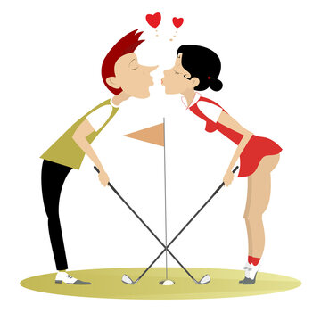 Golf course. Man and woman falling in love and kissing.
Love couple kissing on the golf course. Isolated on white background
