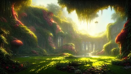 Fototapeta premium Garden of Eden, exotic fairytale fantasy forest, Green oasis. Unreal fantasy landscape with trees and flowers. Sunlight, shadows, creepers and an arch. 3D illustration.