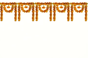 garland of marigold flower for indian hindu religious,weeding decoration isolated on white background with copy space