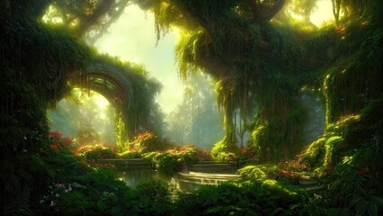 Garden of Eden, exotic fairytale fantasy forest, Green oasis. Unreal fantasy landscape with trees and flowers. Sunlight, shadows, creepers and an arch. 3D illustration.