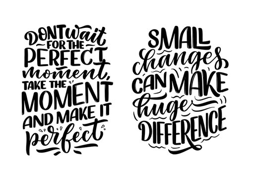Set with hand drawn lettering quotes in modern calligraphy style about business motivation. Inspiration slogans for print and poster design. Vector
