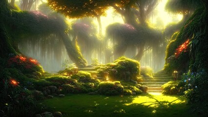 Obraz premium Garden of Eden, exotic fairytale fantasy forest, Green oasis. Unreal fantasy landscape with trees and flowers. Sunlight, shadows, creepers and an arch. 3D illustration.