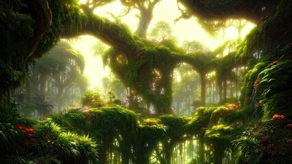 Naklejka premium Garden of Eden, exotic fairytale fantasy forest, Green oasis. Unreal fantasy landscape with trees and flowers. Sunlight, shadows, creepers and an arch. 3D illustration.
