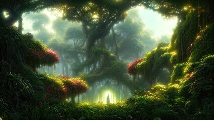 Garden of Eden, exotic fairytale fantasy forest, Green oasis. Unreal fantasy landscape with trees and flowers. Sunlight, shadows, creepers and an arch. 3D illustration.
