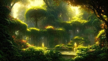Garden of Eden, exotic fairytale fantasy forest, Green oasis. Unreal fantasy landscape with trees and flowers. Sunlight, shadows, creepers and an arch. 3D illustration. - obrazy, fototapety, plakaty