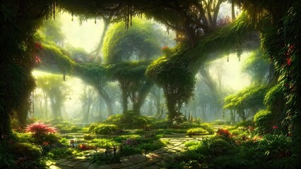 Fototapeta premium Garden of Eden, exotic fairytale fantasy forest, Green oasis. Unreal fantasy landscape with trees and flowers. Sunlight, shadows, creepers and an arch. 3D illustration.