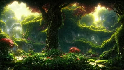 Wanddecoratie Sprookjeswereld Garden of Eden, exotic fairytale fantasy forest, Green oasis. Unreal fantasy landscape with trees and flowers. Sunlight, shadows, creepers and an arch. 3D illustration.  © MiaStendal