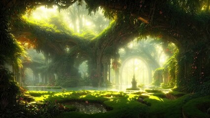 Garden of Eden, exotic fairytale fantasy forest, Green oasis. Unreal fantasy landscape with trees and flowers. Sunlight, shadows, creepers and an arch. 3D illustration.