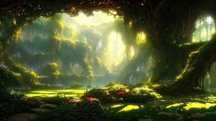 Obraz na płótnie Canvas Garden of Eden, exotic fairytale fantasy forest, Green oasis. Unreal fantasy landscape with trees and flowers. Sunlight, shadows, creepers and an arch. 3D illustration.