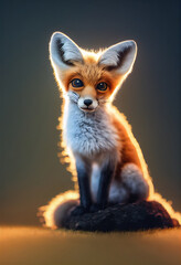 Obraz premium Cute baby of fox sitting on stone. Red fox portrait. Adorable furry fox pup.