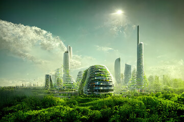 Futuristic green city. AI generated illustration. Futuristic cityscape.