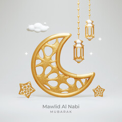 Mawlid al-Nabi greeting card Islamic pattern design with glowing gold crescent moon and ornaments. Maulidur Rasul background