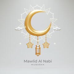 Islamic Mawlid al Nabi greeting background with 3d hanging Arabic lantern crescent moon and stars