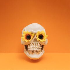 Realistic human skull with bright yellow flowers instead of eyes on vibrant orange color...
