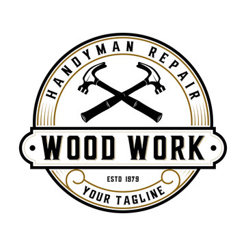 vintage logo design Antique carpentry, hammer icon in emblem form, for crafts, carpentry and construction