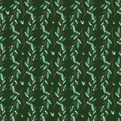 Fototapeta premium Seamless vector pattern eucalyptus branch with red berries on a green background.