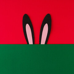 Rabbit Bunny ears like symbol of new year 2023 on red and green background. Minimal flat lay. Christmas or New Year concept.