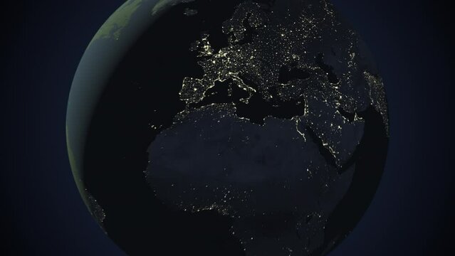 Seamless looping animation of the earth at night zooming in to the 3d map of Bulgaria with the capital and the biggest cites in 4K resolution