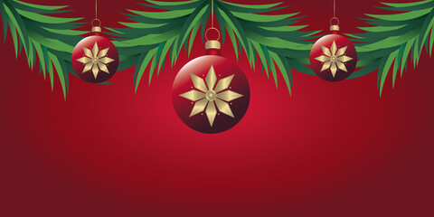 Red Christmas banner with green fir and red  ornaments, gold snowflakes