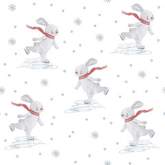 Digital watercolor. A repeating Christmas pattern with rabbits on skates. Ideal for packaging, wallpaper, fabrics. © Kattypainting