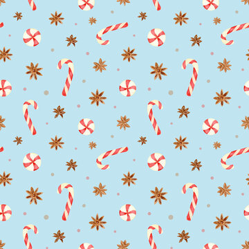 Watercolor Christmas seamless pattern with Candy Canes and Anise. Pattern with Striped Red Lollipops. Illustration For Winter Holidays. Design for packaging and textiles.