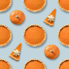 Seamless pattern of american pumpkin pie with pumpkins isolated on blue background. Thanksgiving...
