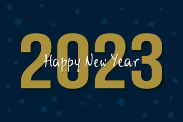2023 Happy New Year blue gold banner. Colorful text design for holiday greetings and invitations. Vector illustration. 2023 black gold number. New Year poster, social media template.