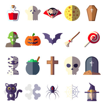 Halloween concept. Collection of vibrant vector flat illustrations of potion, ghost, vampire, spider, witch etc. Perfect for web sites, apps, games, books, articles