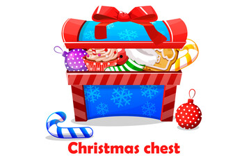 Christmas chest with candy and toy gifts for graphic design.