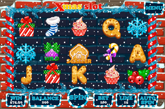 Christmas Slot, game UI interface menu and icons.