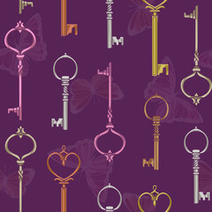 vector pattern with victorian vintage keys on a background with butterflies