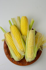5 fresh sweet corns in a round wooden plate. ready to be cooked. sold. just picked from the farm. white background. negative space.