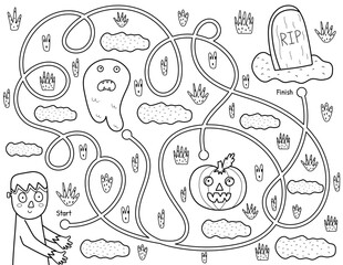 Help cute zombie find path to the tomb. Black and white Halloween maze game for kids in cartoon style. Funny puzzle for school and preschool. Vector illustration