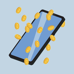 Isometric phone. 3D smartphone. Smartphone and falling coins. Colored illustration on blue background