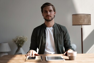 Good-looking millennial office employee sitting at desk smiling looking at camera